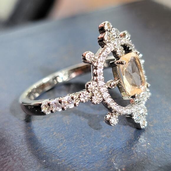 Elegant Rhodium Plated Simulated Champagne Gemstone Ring, Size 10 - Picture 4 of 9